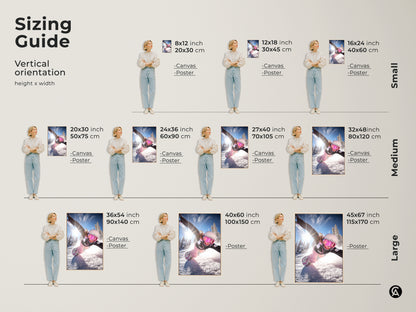 Sizing guide for snowboarder action art. This dynamic winter sports canvas and poster prints are available in vertical orientations. Find the perfect size for your winter mountain canvas decor.
