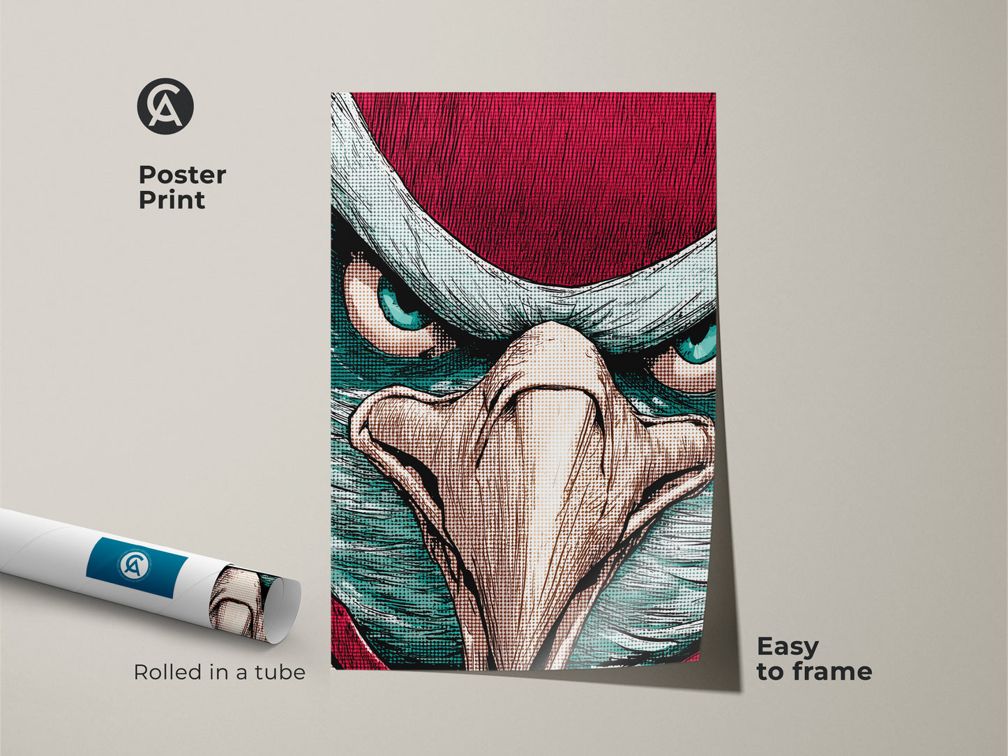 Crimson teal eagle art poster. The bird poster print has a bold comic style. It's rolled in a tube for protection. This avian subject poster is easy to frame. It's a great animal lover gift. Perfect pop art animal decor.