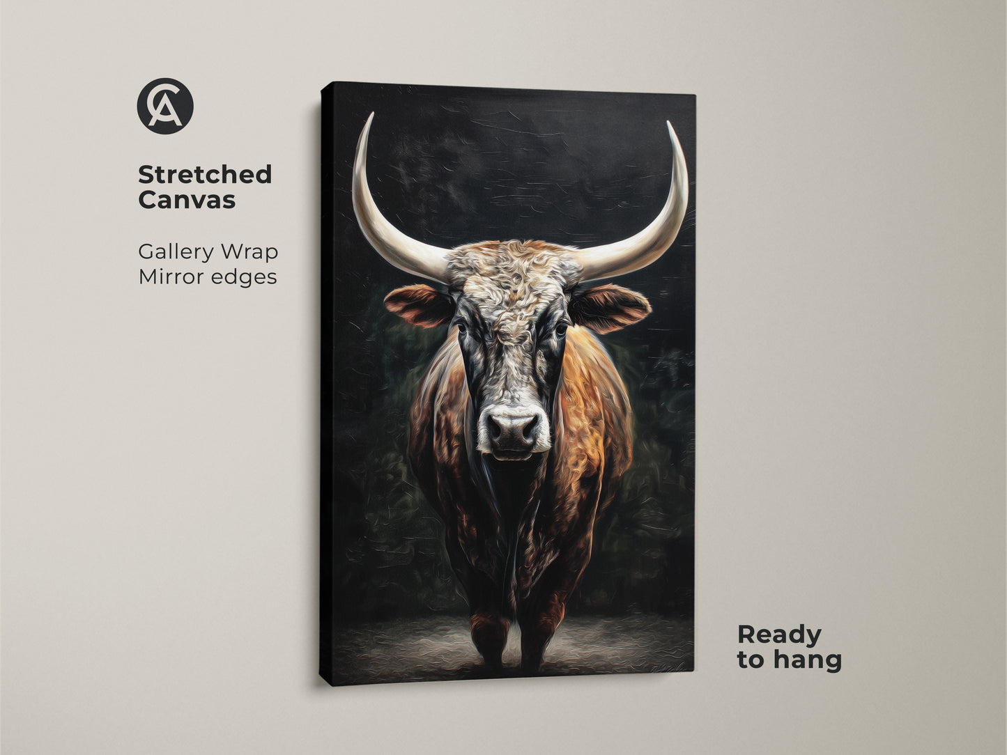 Stretched canvas art showcases a rustic Texas Longhorn. This gallery-wrapped bull artwork has mirror edges. It's ready to hang adding farmhouse wall decor. The animal wall art is a brown tan masterpiece. Ideal for rustic office wall decor. This bull canvas art is perfect for a ranch home.