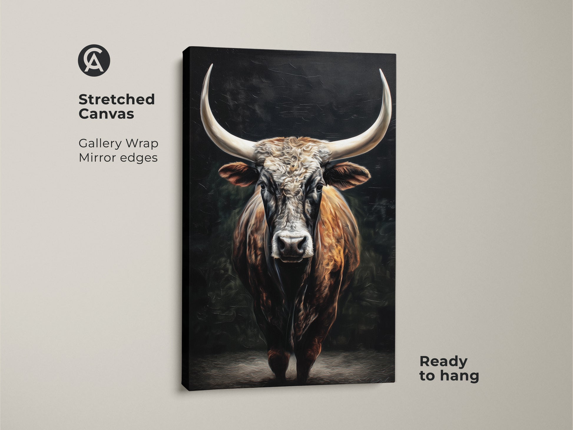 Stretched canvas art showcases a rustic Texas Longhorn. This gallery-wrapped bull artwork has mirror edges. It's ready to hang adding farmhouse wall decor. The animal wall art is a brown tan masterpiece. Ideal for rustic office wall decor. This bull canvas art is perfect for a ranch home.