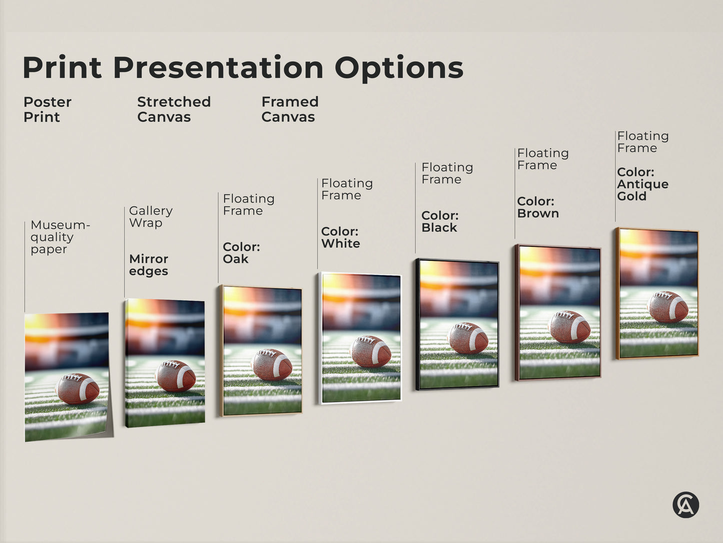 Explore print presentation options for realistic football artwork. Choose from poster prints to stretched canvases and framed canvases. Museum-quality paper and gallery wraps are available. Find the perfect style for your space. Enhance your man cave decor.