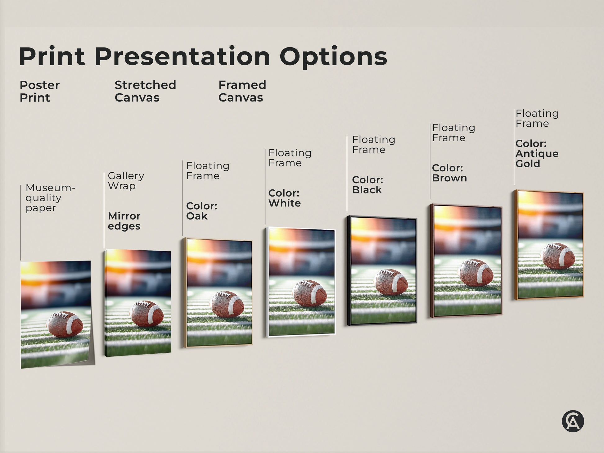 Explore print presentation options for realistic football artwork. Choose from poster prints to stretched canvases and framed canvases. Museum-quality paper and gallery wraps are available. Find the perfect style for your space. Enhance your man cave decor.