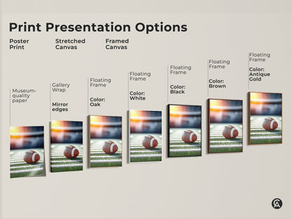 Explore print presentation options for realistic football artwork. Choose from poster prints to stretched canvases and framed canvases. Museum-quality paper and gallery wraps are available. Find the perfect style for your space. Enhance your man cave decor.