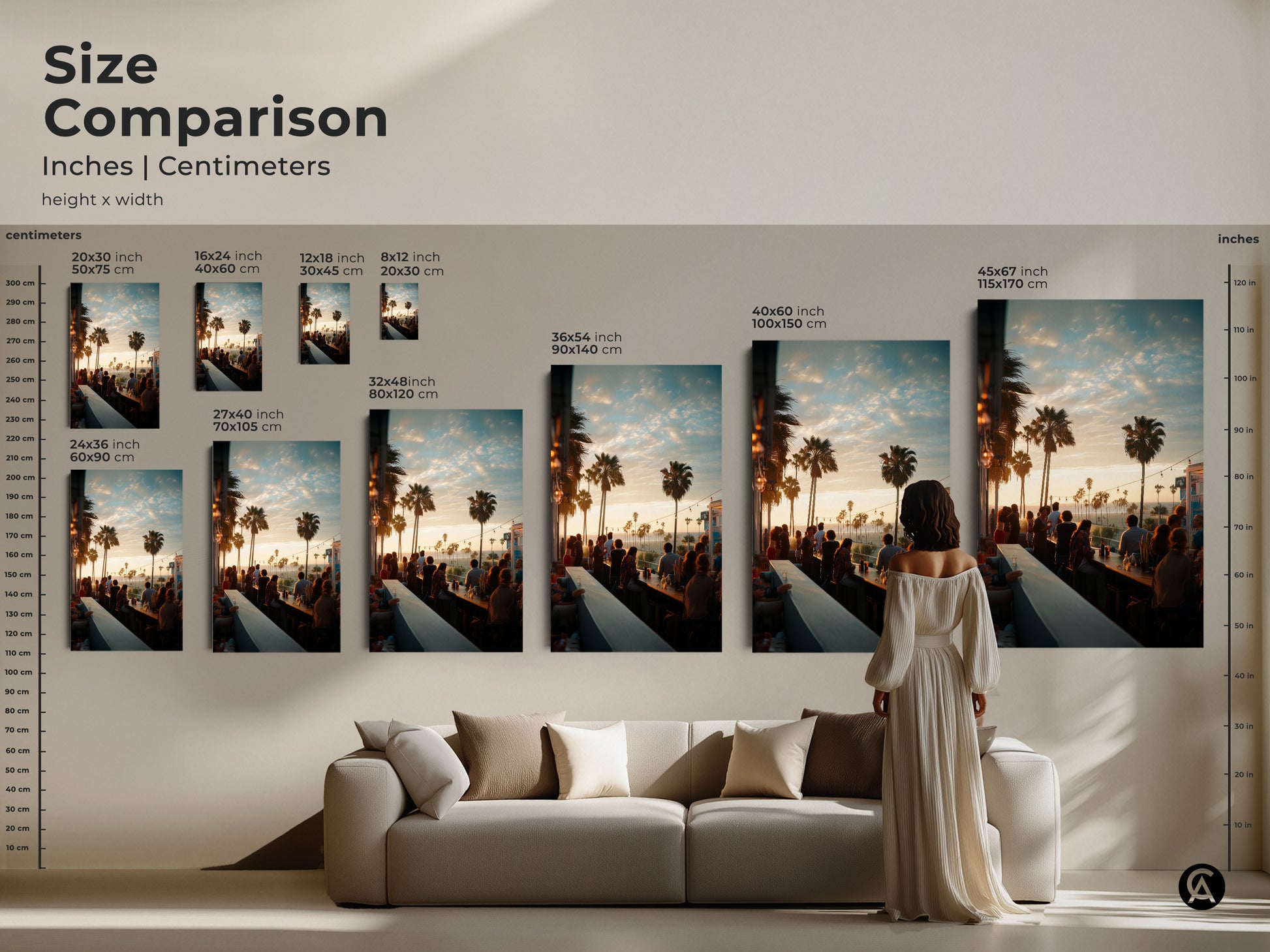 Size comparison of our sunset bar scene artwork in various dimensions. See how each size impacts your space. Options range from 8x12 inches to a large 45x67 inches. Perfect for canvas and poster prints to complement your decor.