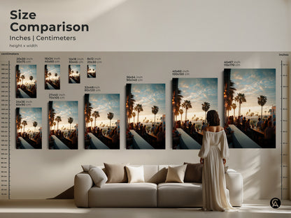 Size comparison of our sunset bar scene artwork in various dimensions. See how each size impacts your space. Options range from 8x12 inches to a large 45x67 inches. Perfect for canvas and poster prints to complement your decor.