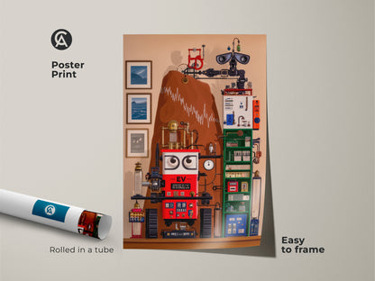 This surreal steampunk poster print arrives rolled in a tube. The abstract robot artwork has intricate gears. The red blue and brown colors add an eclectic style. It is easy to frame. It is the perfect birthday gift for engineers and gadget lovers.