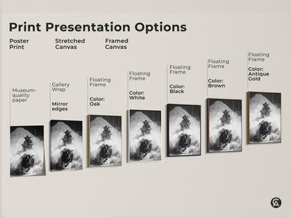 Print Presentation Options showcasing various styles. See a Poster Print a Stretched Canvas and Framed Canvas. Each features the monochrome rodeo artwork with a bull rider and charging bull. Find the perfect rustic Western wall art for your space. Options include black brown antique gold and white frames.
