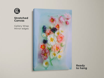 Stretched canvas gallery wrap of coral primrose art. The mirror edges enhance this pale blue botanical wall art. A great choice for Scandinavian bedroom decor. Ready to hang.