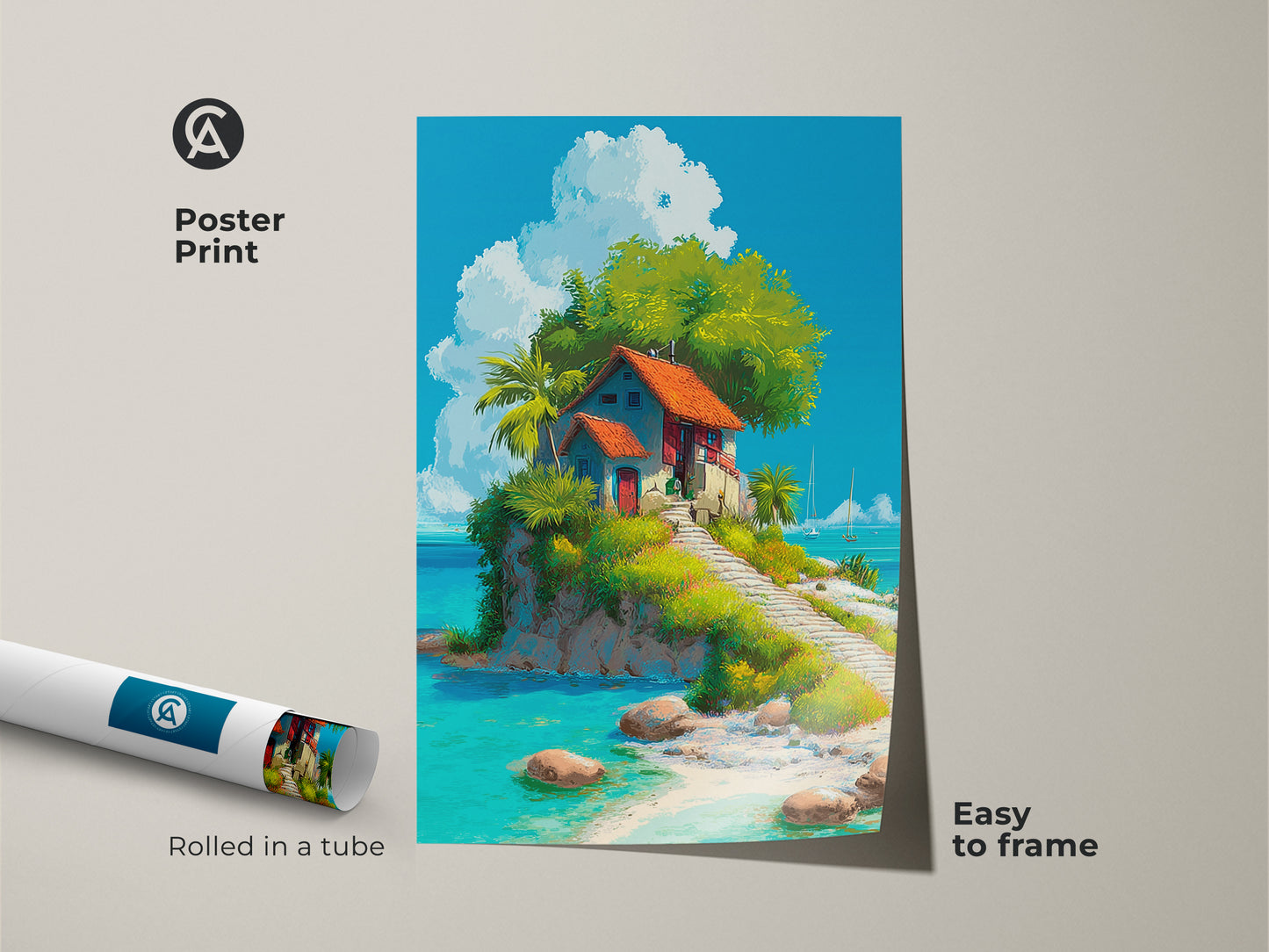 Poster print of a tropical island home. The artwork shows a small house on a lush island. The poster is easy to frame. The rolled poster ensures safe delivery. Bring a piece of paradise to your walls with this vibrant island art print. Perfect for adding color to any space.
