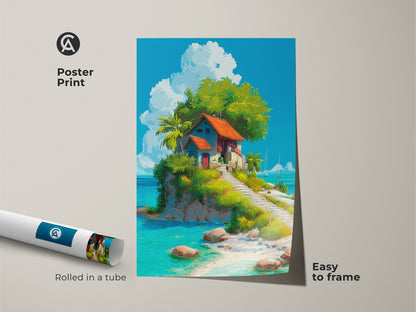 Poster print of a tropical island home. The artwork shows a small house on a lush island. The poster is easy to frame. The rolled poster ensures safe delivery. Bring a piece of paradise to your walls with this vibrant island art print. Perfect for adding color to any space.