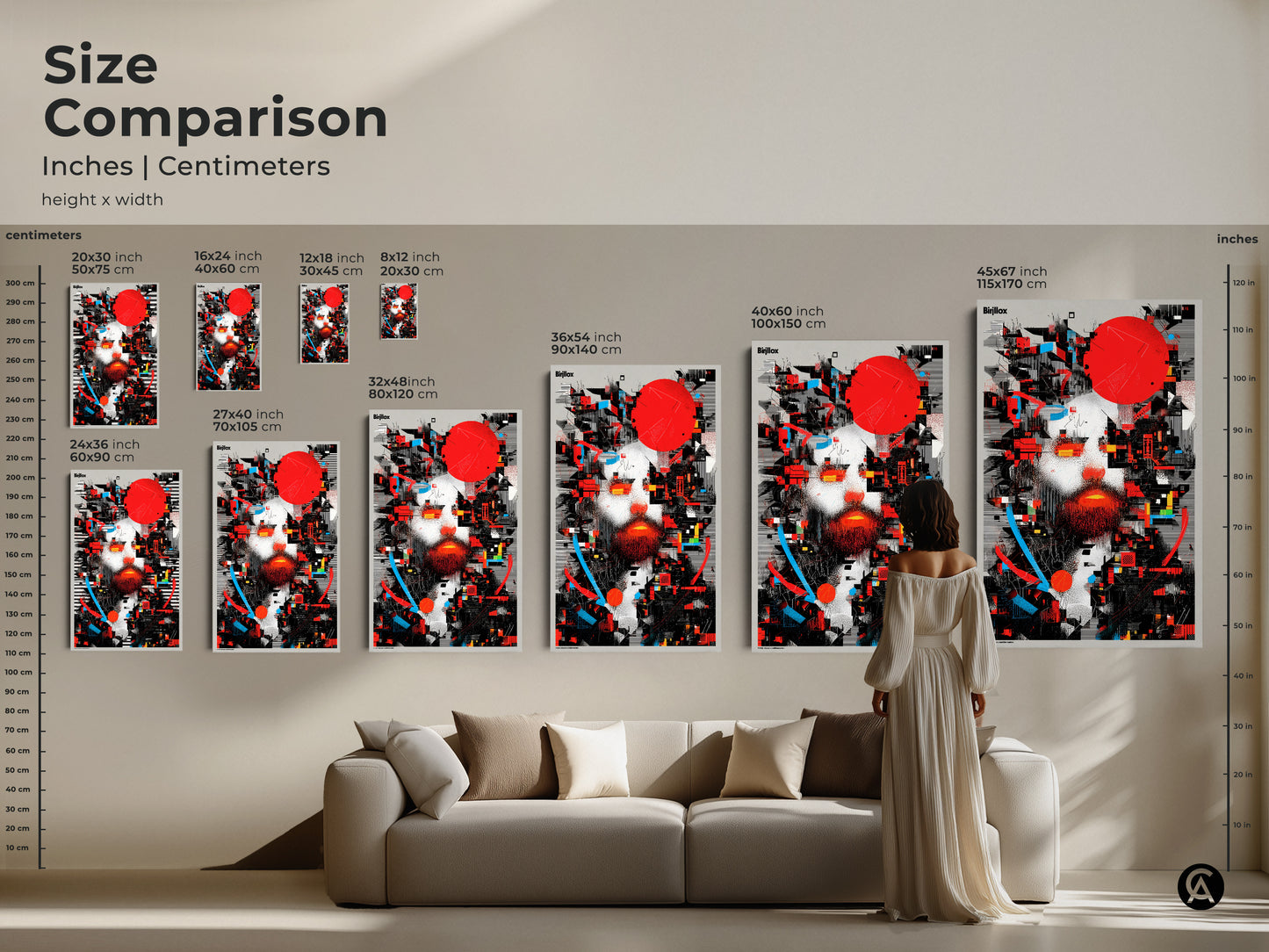 Size comparison showcasing the abstract man portrait art. Displayed in inches and centimeters. Available in various sizes from small to large. It's a glitch art wall decor piece. This deconstructivist artwork is perfect for eclectic home decor.