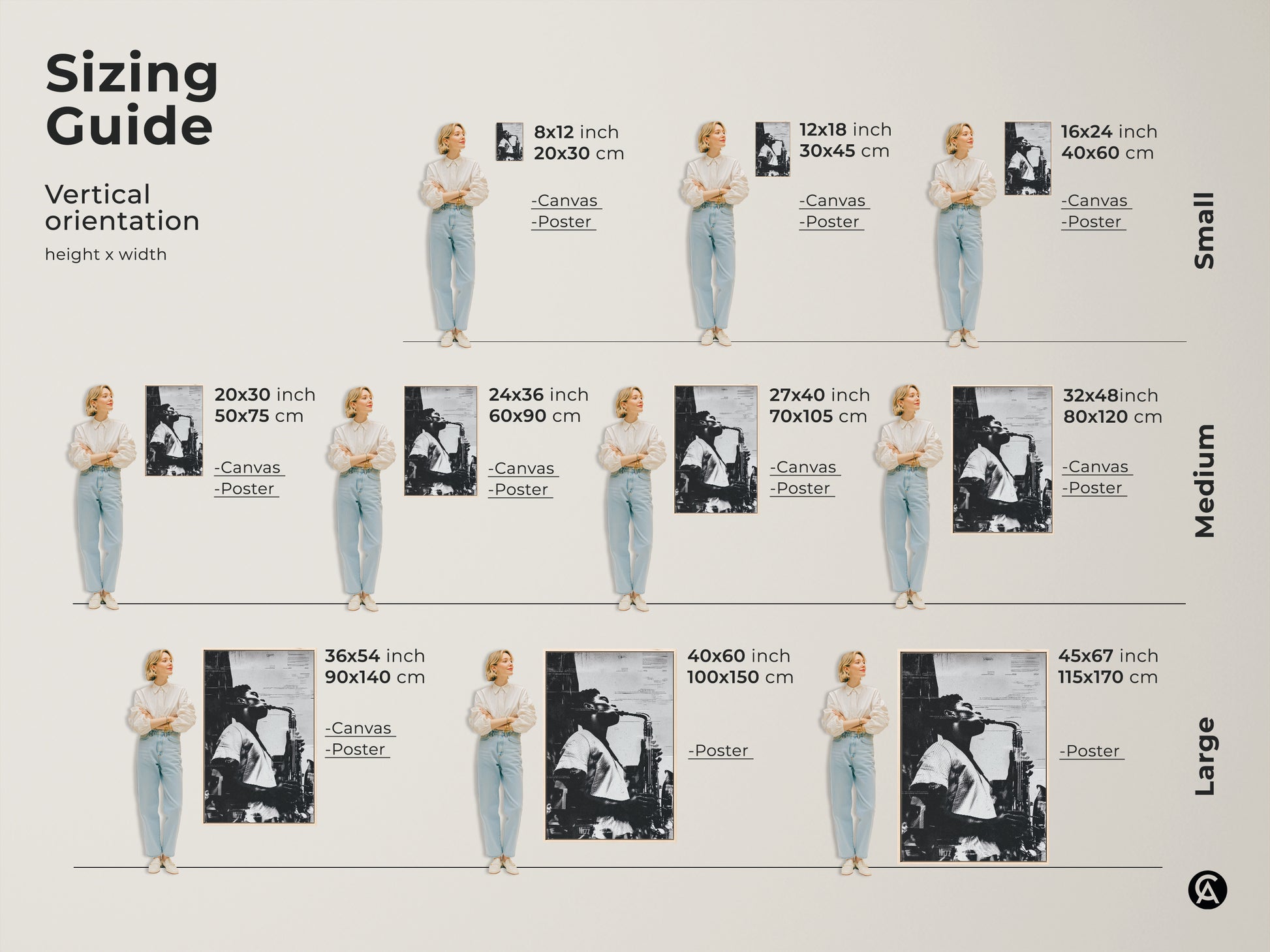 Sizing guide for vertical saxophone artwork. Available in canvas and poster options. Find the perfect fit for your space. Choose from small medium and large sizes. Transform your room with musical art.
