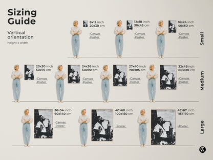 Sizing guide for vertical saxophone artwork. Available in canvas and poster options. Find the perfect fit for your space. Choose from small medium and large sizes. Transform your room with musical art.