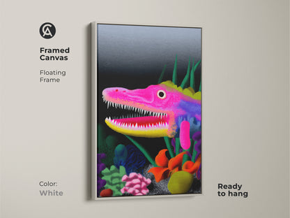 White framed canvas displaying surreal dragon wall art. The fantasy creature art print is an underwater fantasy decor. Hot pink yellow purple art adds an eclectic touch. It's a mythical creature decor ready to hang.