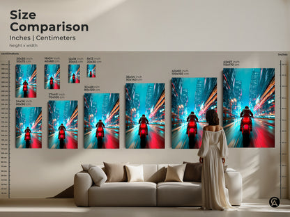 Size comparison of cyberpunk cityscape art prints. See the scale of each canvas size in inches and centimeters. The artwork features a rider on a motorcycle. Perfect for adding a futuristic touch to your living room with this neon art.