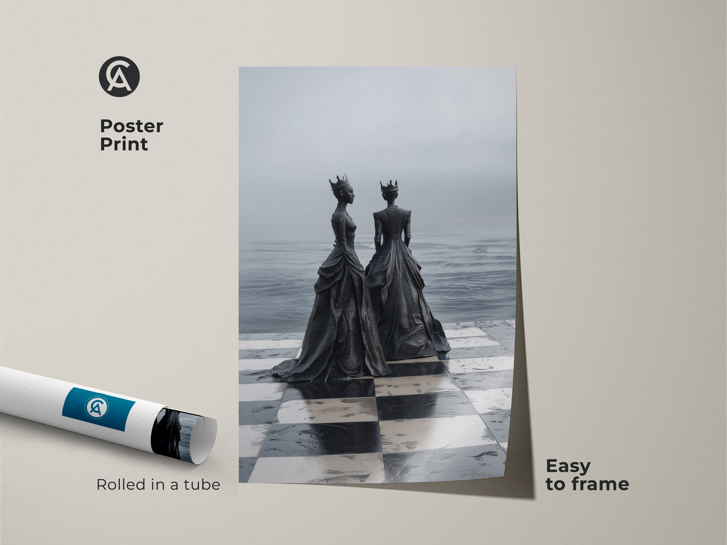 Poster Print of a surreal monochrome chess queen artwork rolled in a tube. This black and white chess art is easy to frame. Perfect gift for chess players and lovers of conceptual queen artwork.