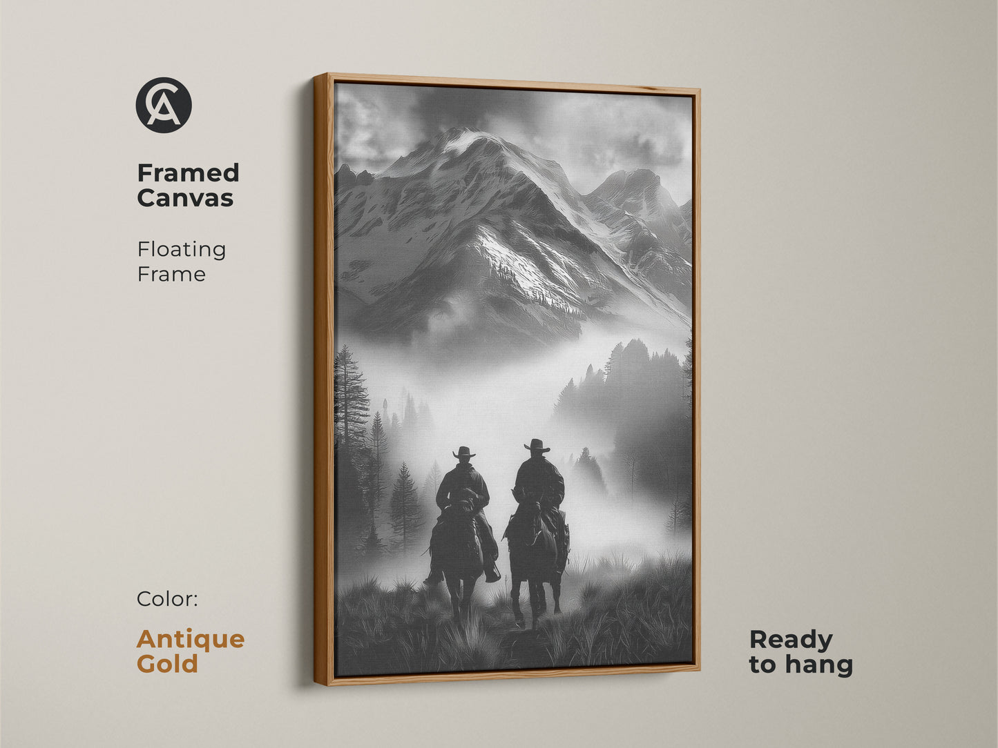 Framed canvas in antique gold featuring a monochrome cowboy art. The floating frame showcases this horseback riding canvas ready to hang. The rustic mountain wall art is perfect for western enthusiasts.