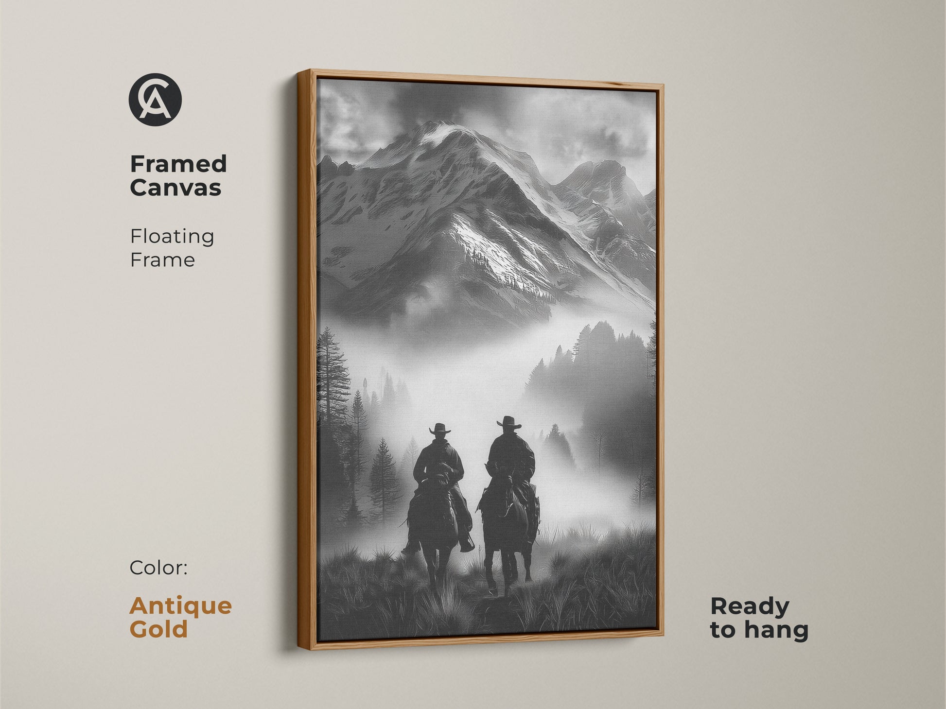 Framed canvas in antique gold featuring a monochrome cowboy art. The floating frame showcases this horseback riding canvas ready to hang. The rustic mountain wall art is perfect for western enthusiasts.