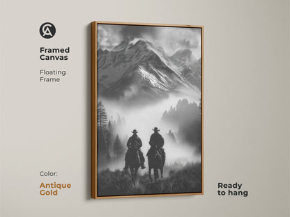 Framed canvas in antique gold featuring a monochrome cowboy art. The floating frame showcases this horseback riding canvas ready to hang. The rustic mountain wall art is perfect for western enthusiasts.