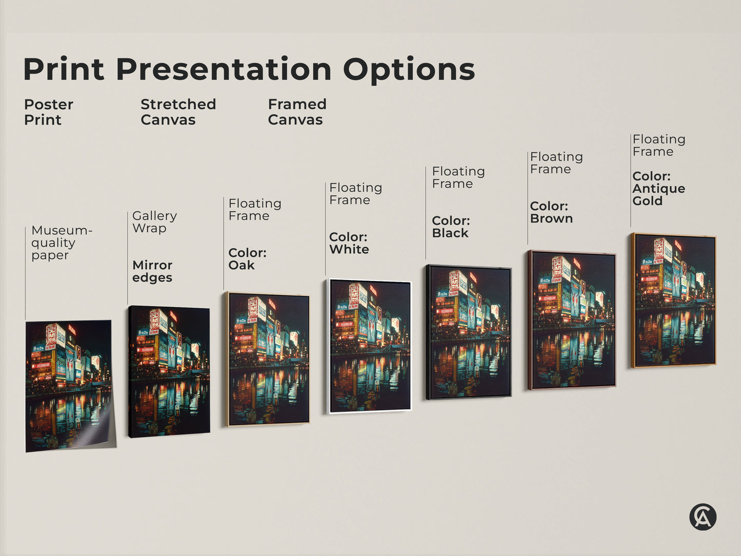 Explore print presentation options for Osaka neon art. Choose from poster print stretched canvas or framed canvas. Each option highlights the urban Japan nightlife art in its unique way. Perfect for adding a vibrant city canvas to your space. Find the ideal travel-inspired art for your home.