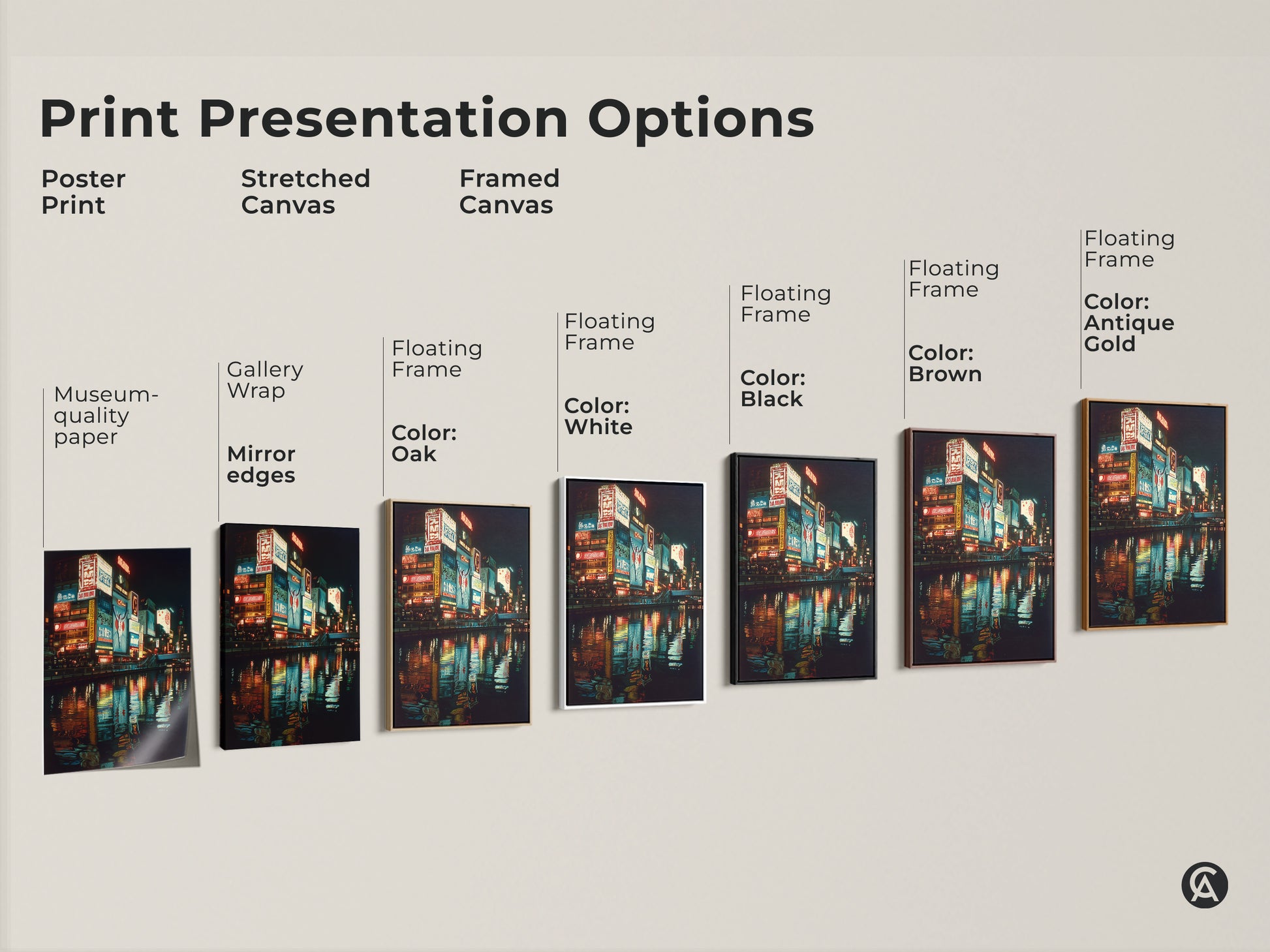 Explore print presentation options for Osaka neon art. Choose from poster print stretched canvas or framed canvas. Each option highlights the urban Japan nightlife art in its unique way. Perfect for adding a vibrant city canvas to your space. Find the ideal travel-inspired art for your home.