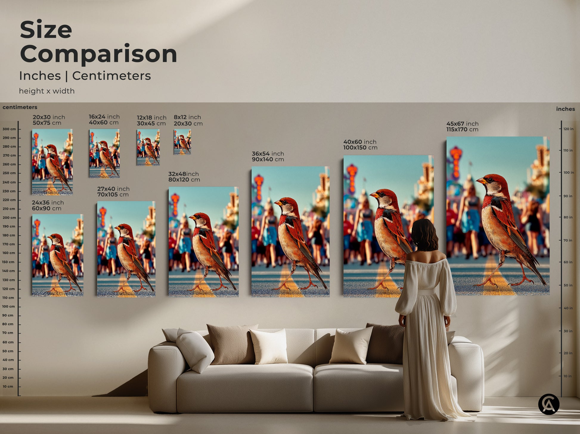 Compare sizes of this sparrow art to find the perfect fit for your home. View the urban wildlife canvas art in different dimensions above a couch. Visualize how the orange brown teal tones enhance your living space with this contemporary photorealistic bird artwork.