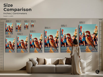 Compare sizes of this sparrow art to find the perfect fit for your home. View the urban wildlife canvas art in different dimensions above a couch. Visualize how the orange brown teal tones enhance your living space with this contemporary photorealistic bird artwork.