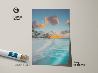 Poster print of a turquoise ocean sunset. Rolled in a tube and easy to frame. Coastal beach wall art is perfect for tropical bedroom decor. Ocean view art print captures a sunset beach. A great beach lover gift idea.