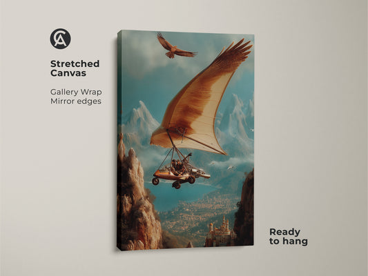 Poster Print featuring surreal hang glider art alongside an eagle. The art includes brown blue and teal tones for adventure wall decor. Rolled in a tube this eclectic living room art is easy to frame. It is Ideal as office study wall decor. A unique travel enthusiast gift idea.