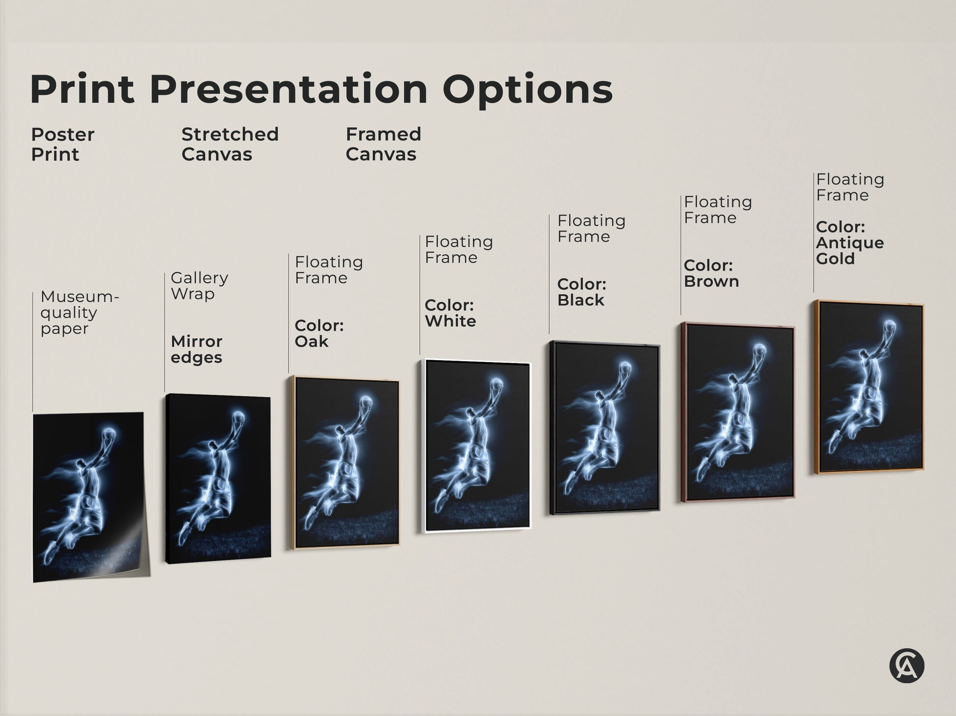 Print presentation options for basketball player art. Options include poster prints stretched canvas and framed canvas. Frames come in oak white black brown and antique gold