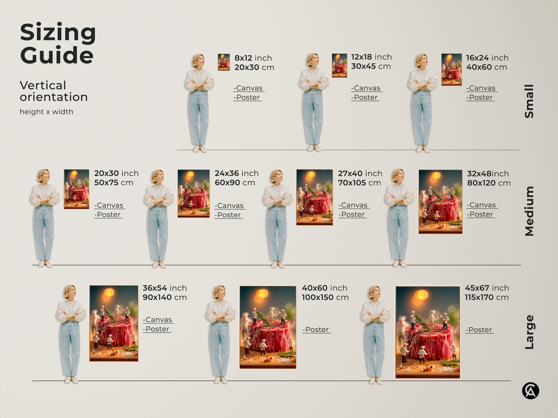 Sizing guide for miniature chef and steak artwork. Visualize the art in various sizes. Options include canvas and poster prints. Find the perfect fit for your space. Vertical orientation shown. Sizes range from small to large. Enhance your kitchen or dining room with this unique food-themed artwork.
