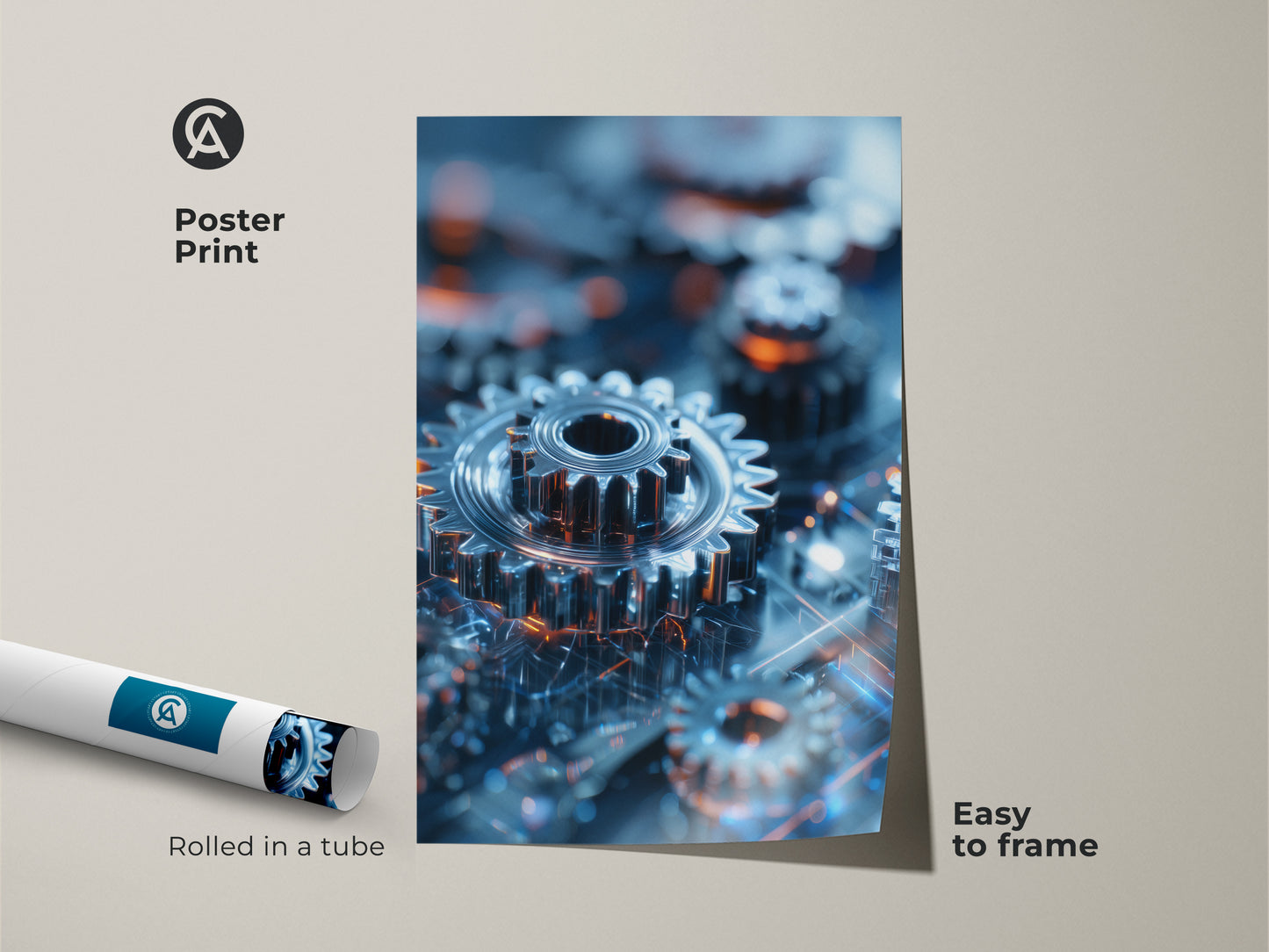 Abstract technology poster print rolled in a tube. This blue and orange machinery artwork is easy to frame. It's a cyberpunk style print perfect for an office. The metallic circuitry adds a modern industrial touch. This mechanical abstract art would be great for a tech-themed home. A unique engineering gift.
