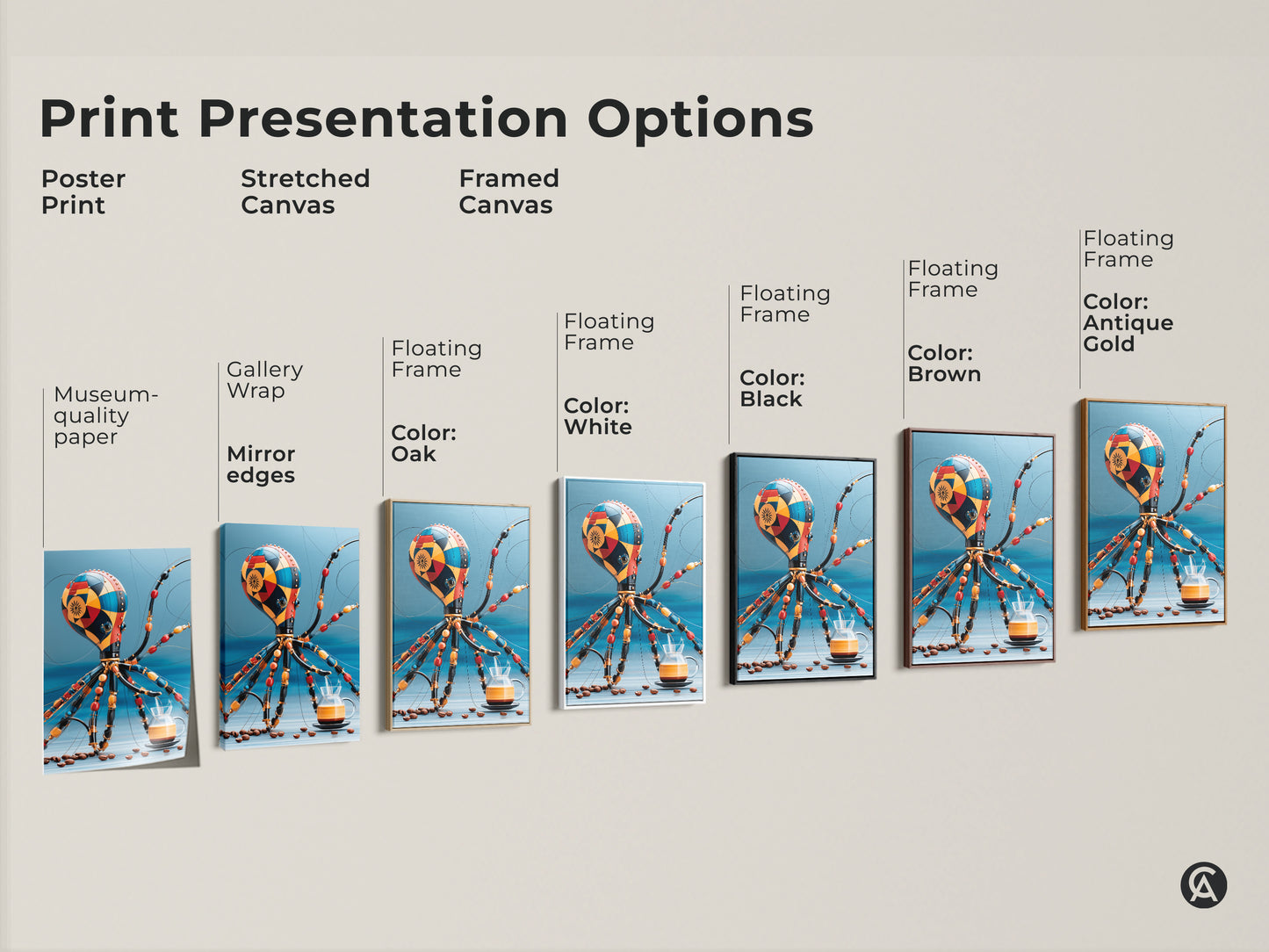 Explore presentation options for Steampunk Octopus art prints. Options include poster prints and stretched canvases. Other options include framed canvases in black brown antique gold oak and white. Find the perfect style to showcase this unique coffee themed artwork.