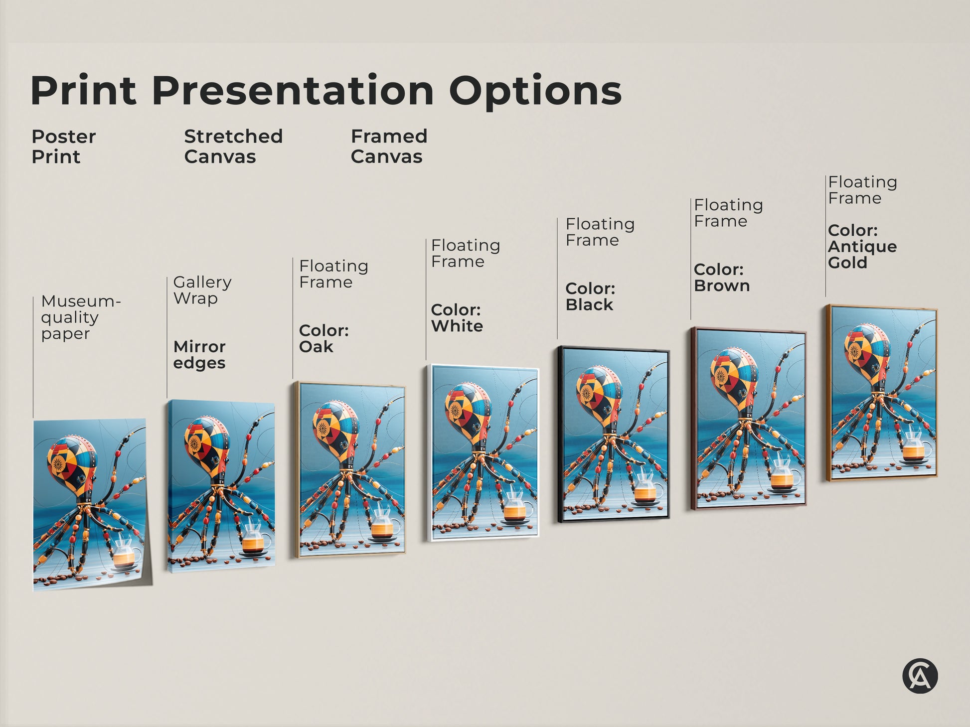 Explore presentation options for Steampunk Octopus art prints. Options include poster prints and stretched canvases. Other options include framed canvases in black brown antique gold oak and white. Find the perfect style to showcase this unique coffee themed artwork.