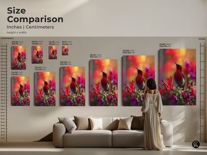 Compare the size of Exotic Red Sunbird art prints. Visualize different dimensions to suit your space. From small to large find the perfect fit for your home. Transform your decor with vibrant bird and flower artwork.