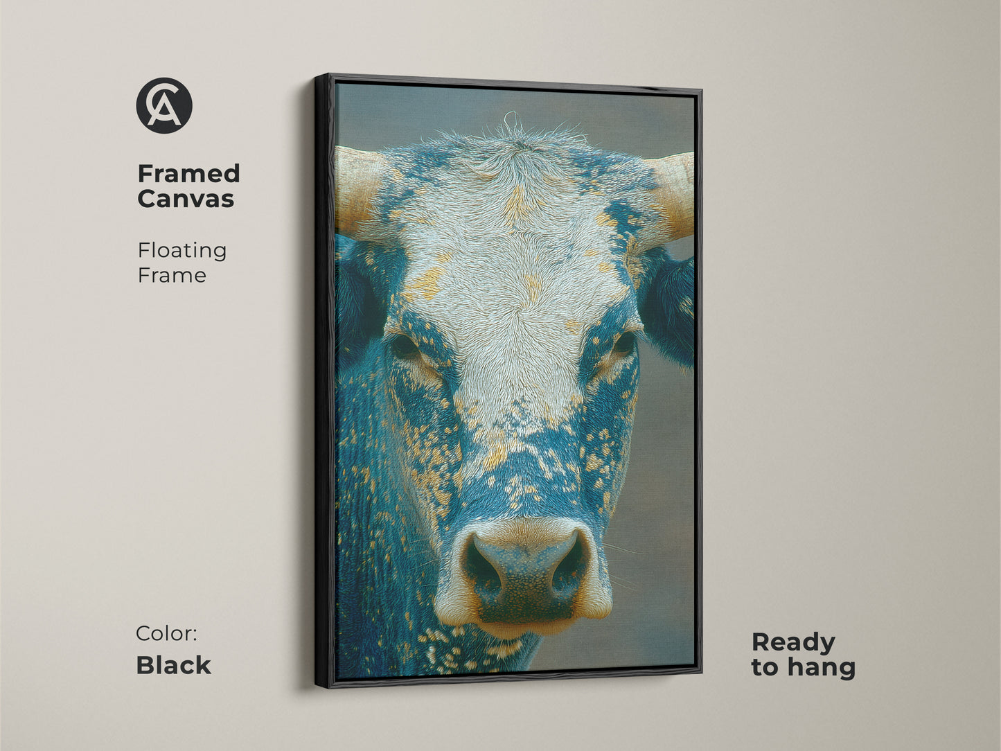 Framed canvas art of a powerful bull in a floating black frame. This ready-to-hang artwork features a blue and white bull with detailed horns. Add a touch of rustic elegance to your home decor with this striking animal portrait.