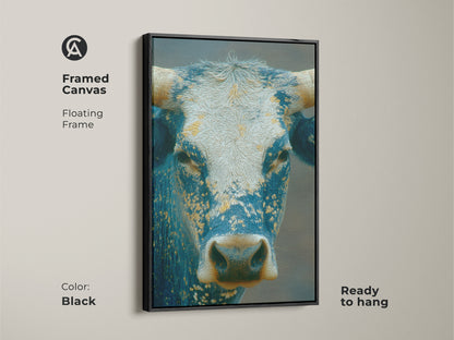 Framed canvas art of a powerful bull in a floating black frame. This ready-to-hang artwork features a blue and white bull with detailed horns. Add a touch of rustic elegance to your home decor with this striking animal portrait.