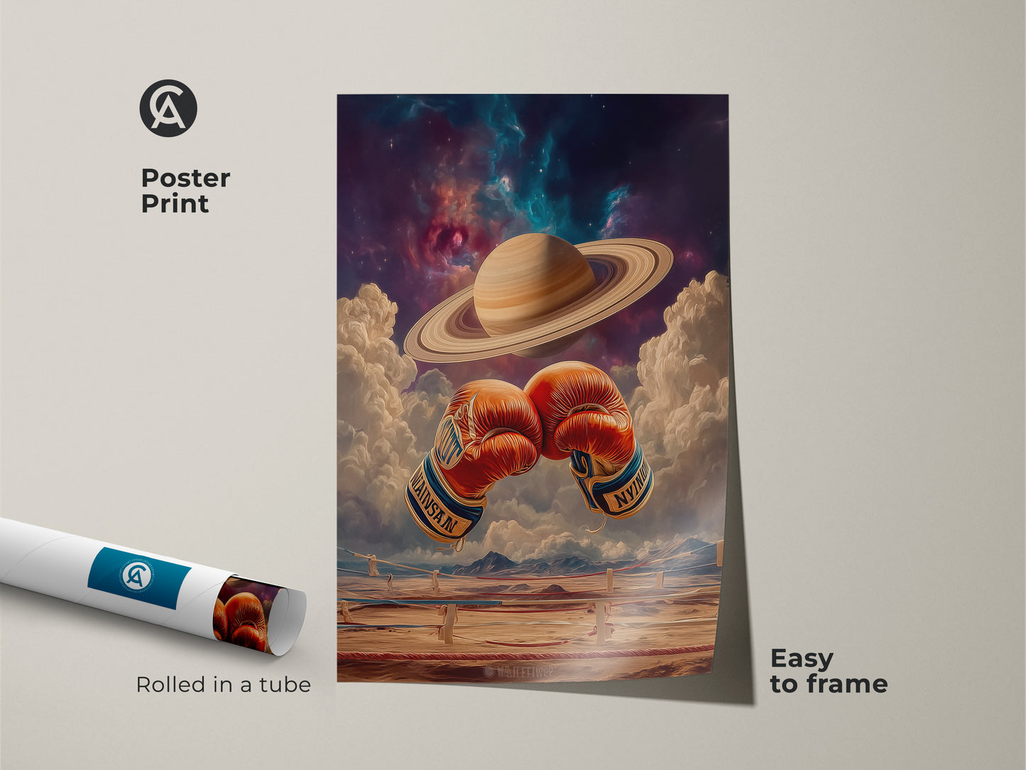 Poster print featuring cosmic boxing gloves. Saturn floats in space. This surreal art is easy to frame. Rolled in a tube for safe shipping. Perfect as a unique gift for stargazers. Add galaxy nebula prints to your collection.