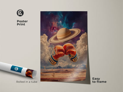 Poster print featuring cosmic boxing gloves. Saturn floats in space. This surreal art is easy to frame. Rolled in a tube for safe shipping. Perfect as a unique gift for stargazers. Add galaxy nebula prints to your collection.