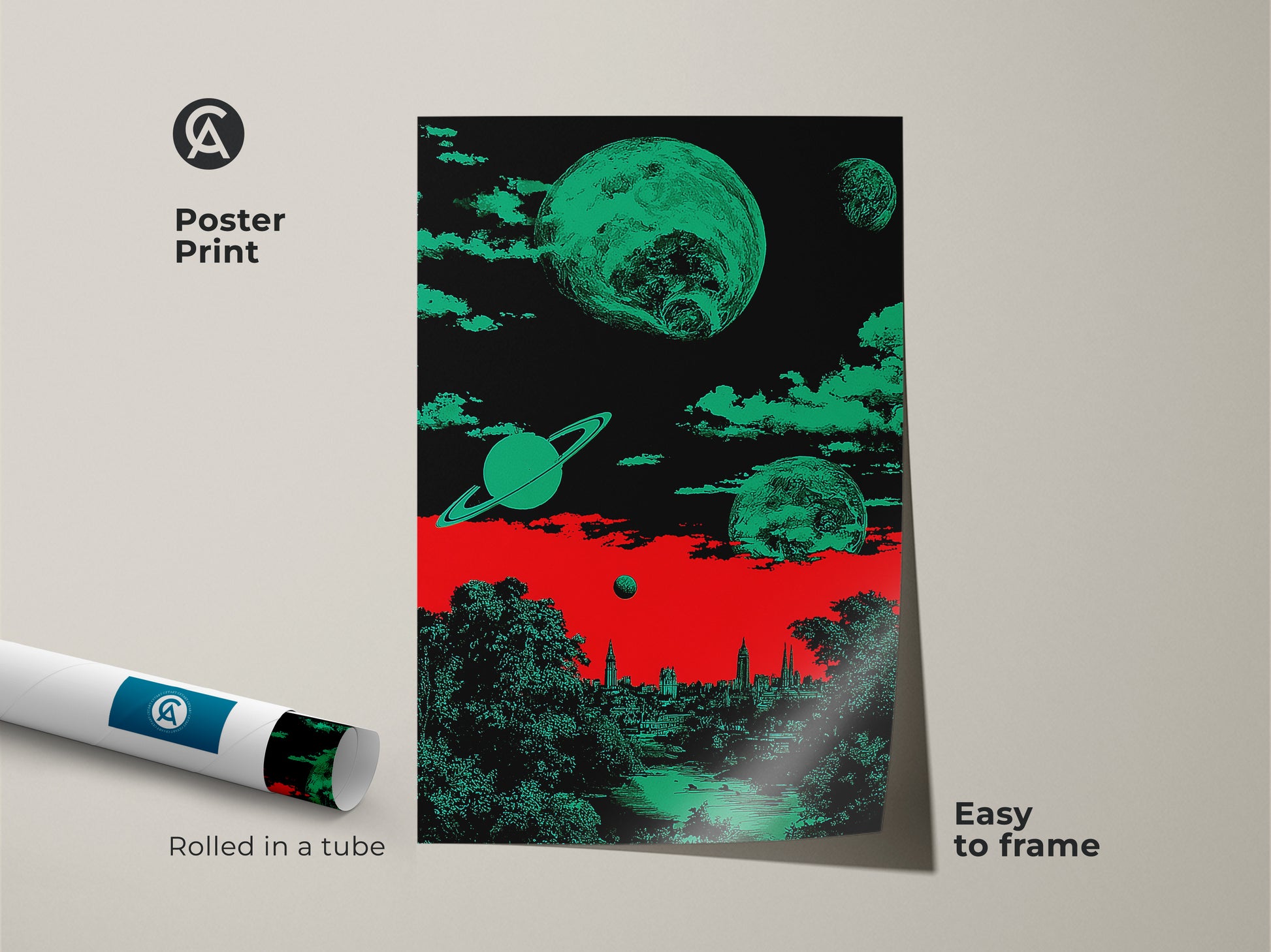 Poster print of a retro futurism surreal space cityscape. It features planets and Saturn above a detailed cityscape and nature scene. The color palette includes red green and black shades. This unique wall hanging art is easy to frame and perfect as a sci-fi fan gift.