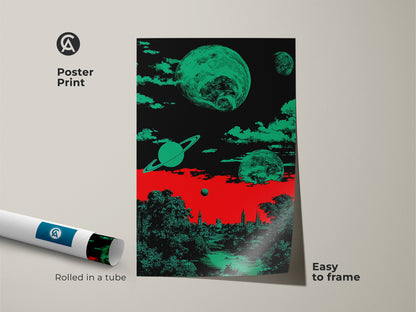 Poster print of a retro futurism surreal space cityscape. It features planets and Saturn above a detailed cityscape and nature scene. The color palette includes red green and black shades. This unique wall hanging art is easy to frame and perfect as a sci-fi fan gift.