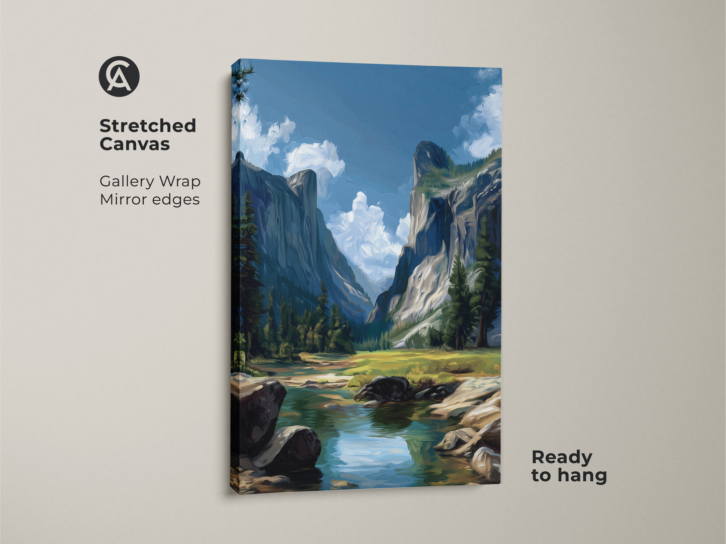 Stretched canvas art of a mountain valley landscape. The gallery wrap has mirror edges. This river scenic canvas print is ready to hang. The Impressionist nature wall art brings the outdoors in. Blue and green tones enhance this artwork.