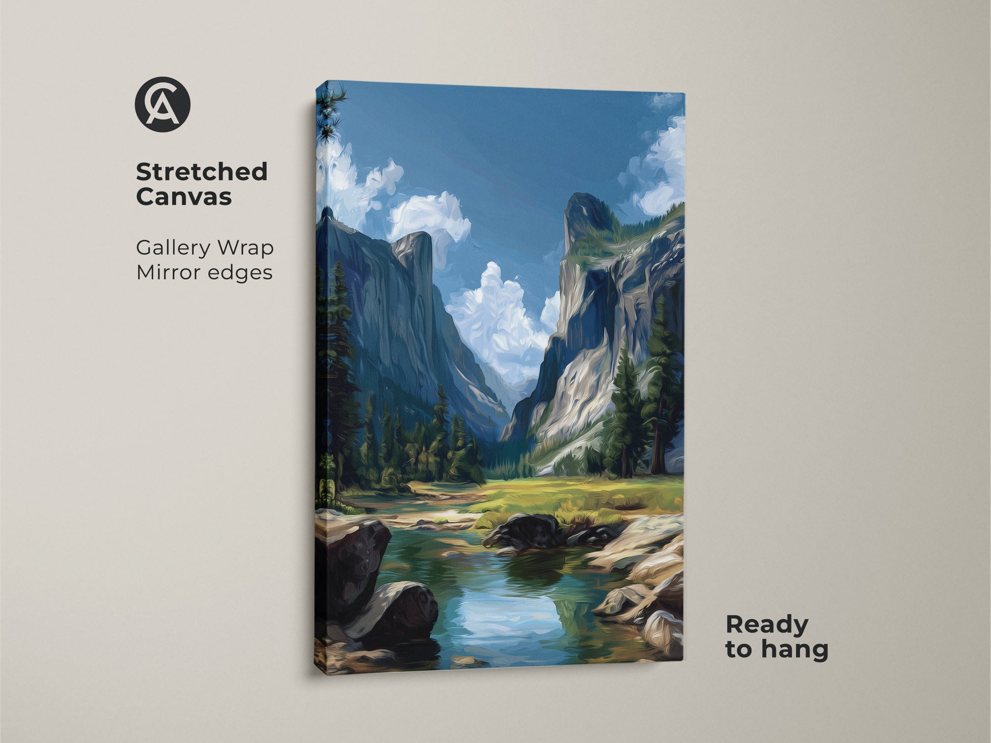 Stretched canvas art of a mountain valley landscape. The gallery wrap has mirror edges. This river scenic canvas print is ready to hang. The Impressionist nature wall art brings the outdoors in. Blue and green tones enhance this artwork.