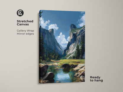 Stretched canvas art of a mountain valley landscape. The gallery wrap has mirror edges. This river scenic canvas print is ready to hang. The Impressionist nature wall art brings the outdoors in. Blue and green tones enhance this artwork.