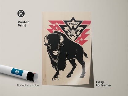 Poster print of bison and star artwork rolled in a tube. The black bison contrasts with the retro red star background. This wildlife art print is easy to frame. Ideal for a nature lover's wall decor.
