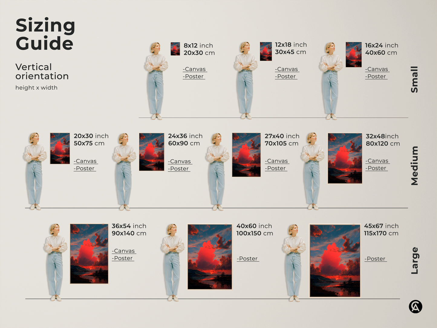 Sizing guide for vertical landscape artwork. Available as canvas or poster prints in sizes from small to large. Visualize how crimson sunset art fits your space. Choose the perfect size for your wall decor.