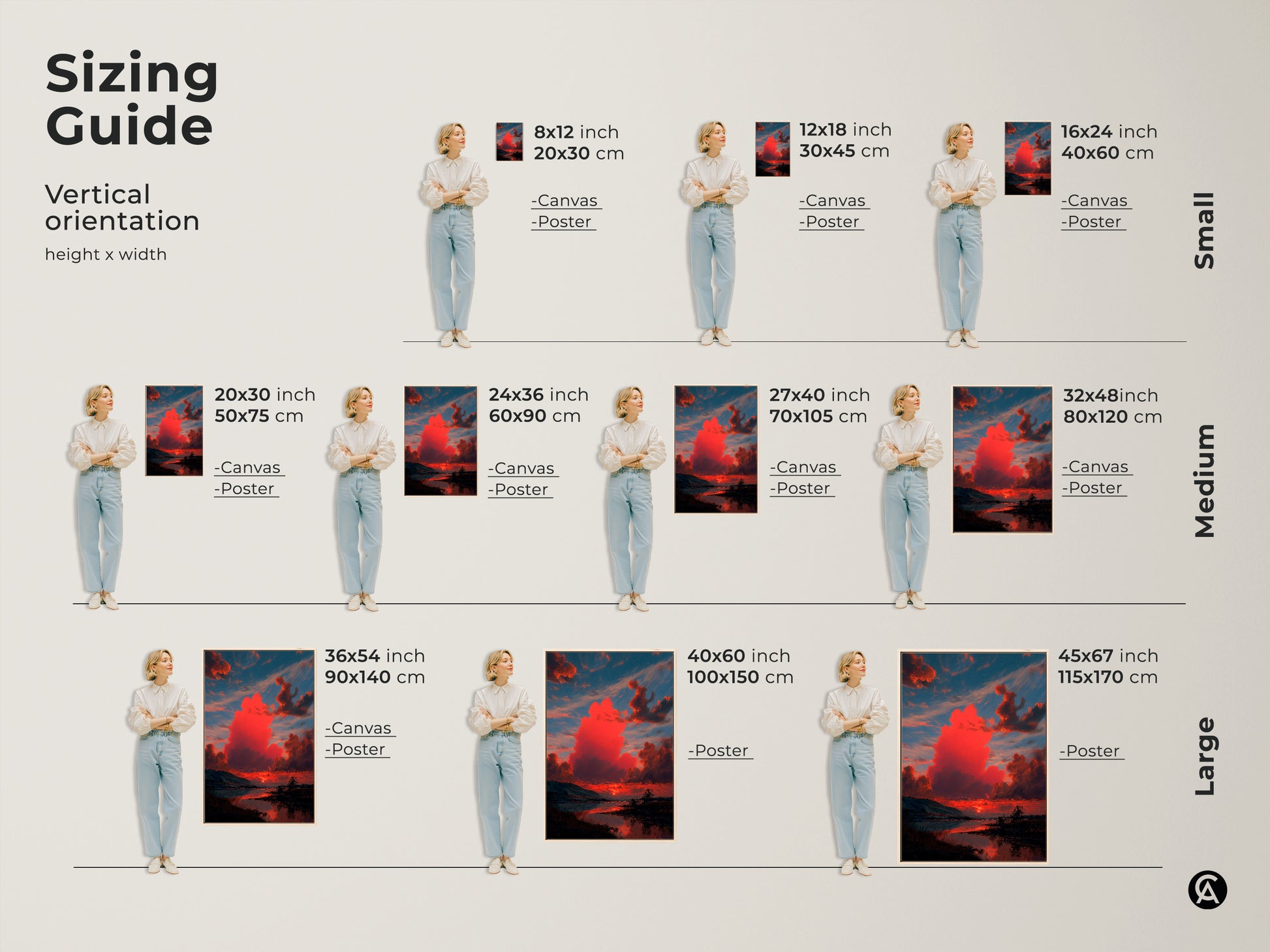 Sizing guide for vertical landscape artwork. Available as canvas or poster prints in sizes from small to large. Visualize how crimson sunset art fits your space. Choose the perfect size for your wall decor.