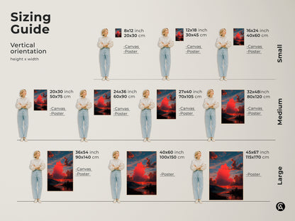 Sizing guide for vertical landscape artwork. Available as canvas or poster prints in sizes from small to large. Visualize how crimson sunset art fits your space. Choose the perfect size for your wall decor.
