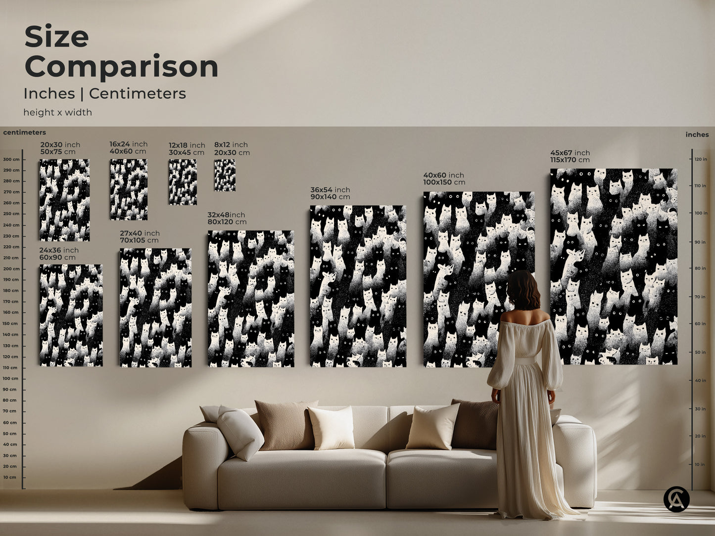 Size comparison of the eclectic cat artwork. See how the print scales in inches and centimeters. Visualize the art above a sofa to get a sense of size. This minimalist animal decor is perfect for any room. It's an ideal cat mom gift that adds a touch of modern elegance.