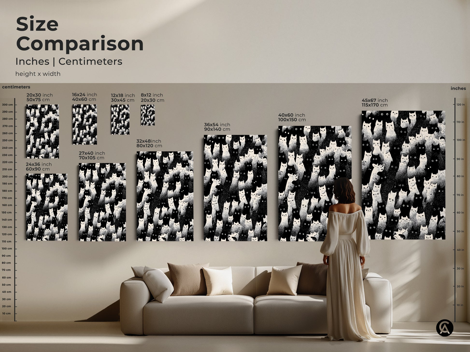Size comparison of the eclectic cat artwork. See how the print scales in inches and centimeters. Visualize the art above a sofa to get a sense of size. This minimalist animal decor is perfect for any room. It's an ideal cat mom gift that adds a touch of modern elegance.
